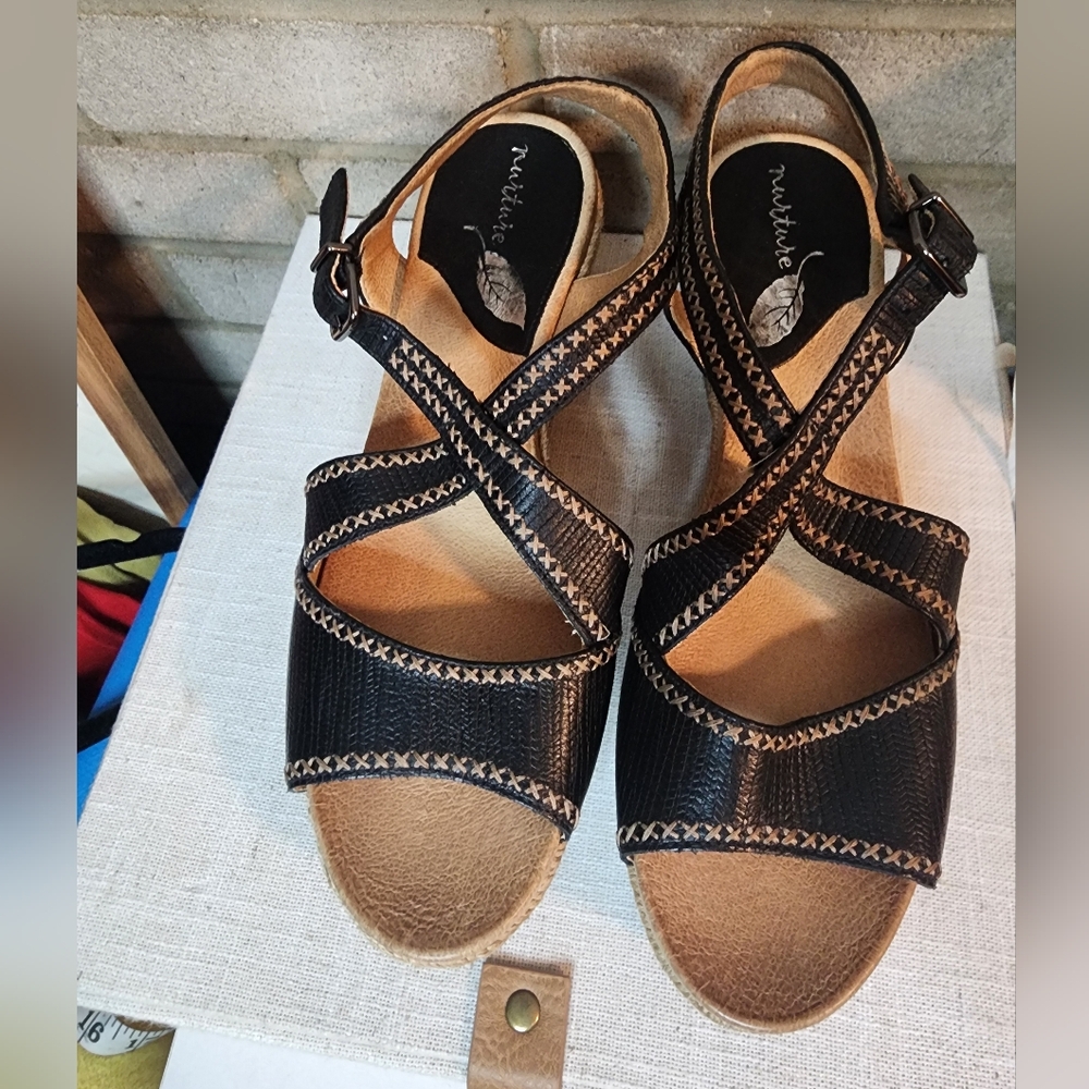 Nurture Cork Wedge Sandals Womens size US 9.5  Black Lilithe Cross Stich